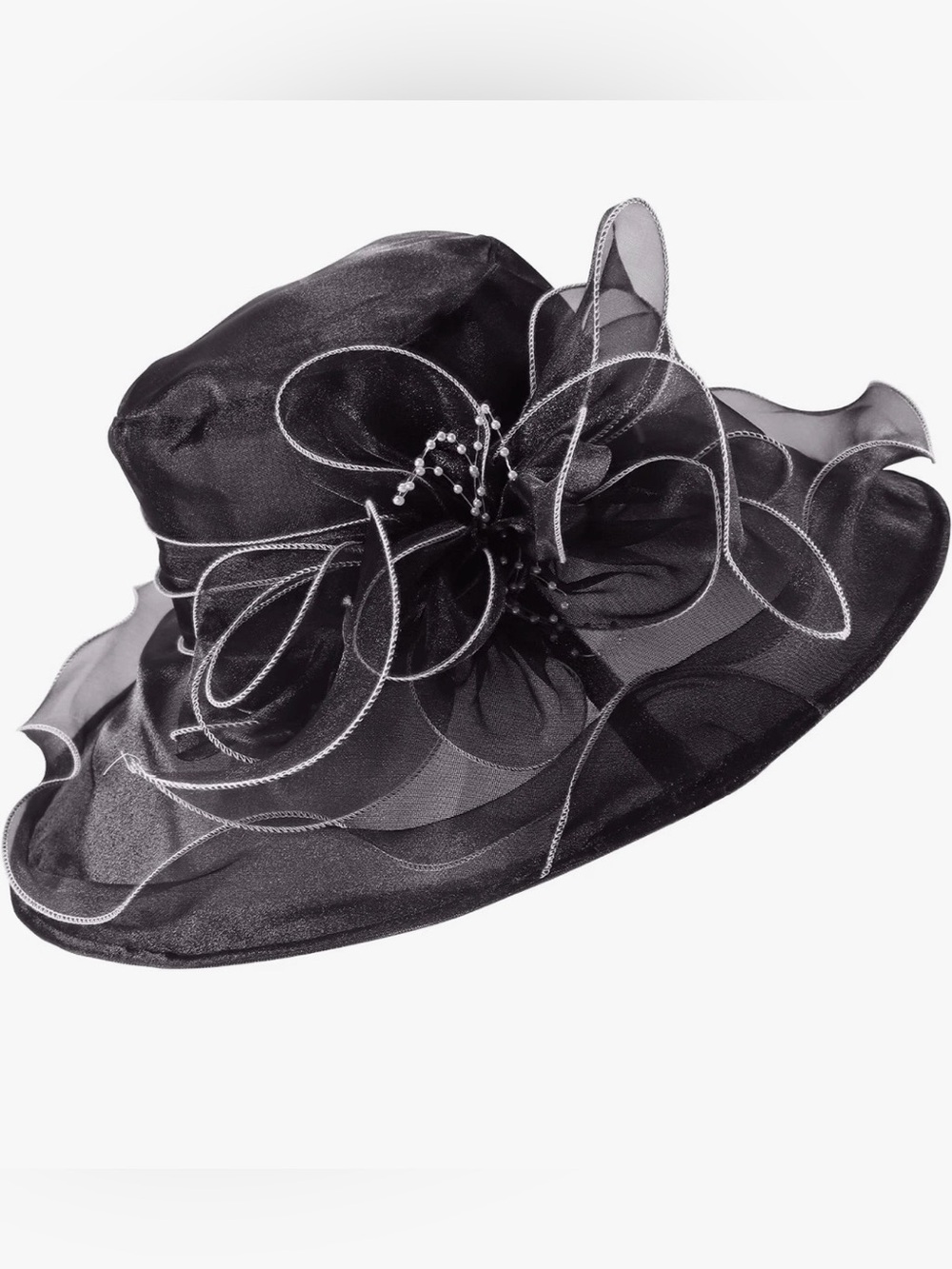 Elegant Black Organza Wide-Brim Hat with Decorative Bow